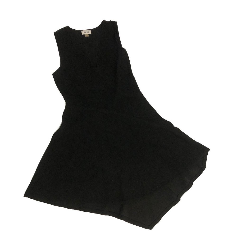 DKNY CREPE ASYMMETRICAL V-NECK BLACK FLARE DRESS